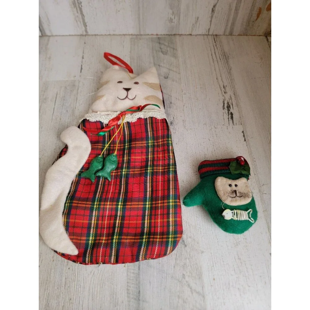 Vintage plush cat stocking Mitten‎ hanging home decor set